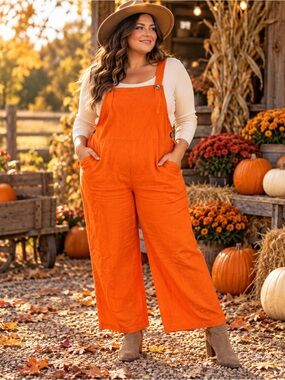 Orange Overalls Cotton and Linen Blend Jumpsuit Size L